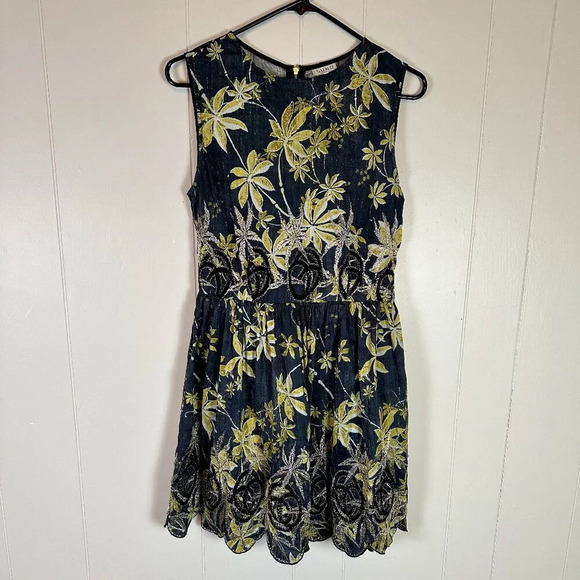SUNO Sz 4 Silk Floral Fit & Flare Dress 100% Silk Blue Yellow Gold Embroidery - Picture 1 of 8